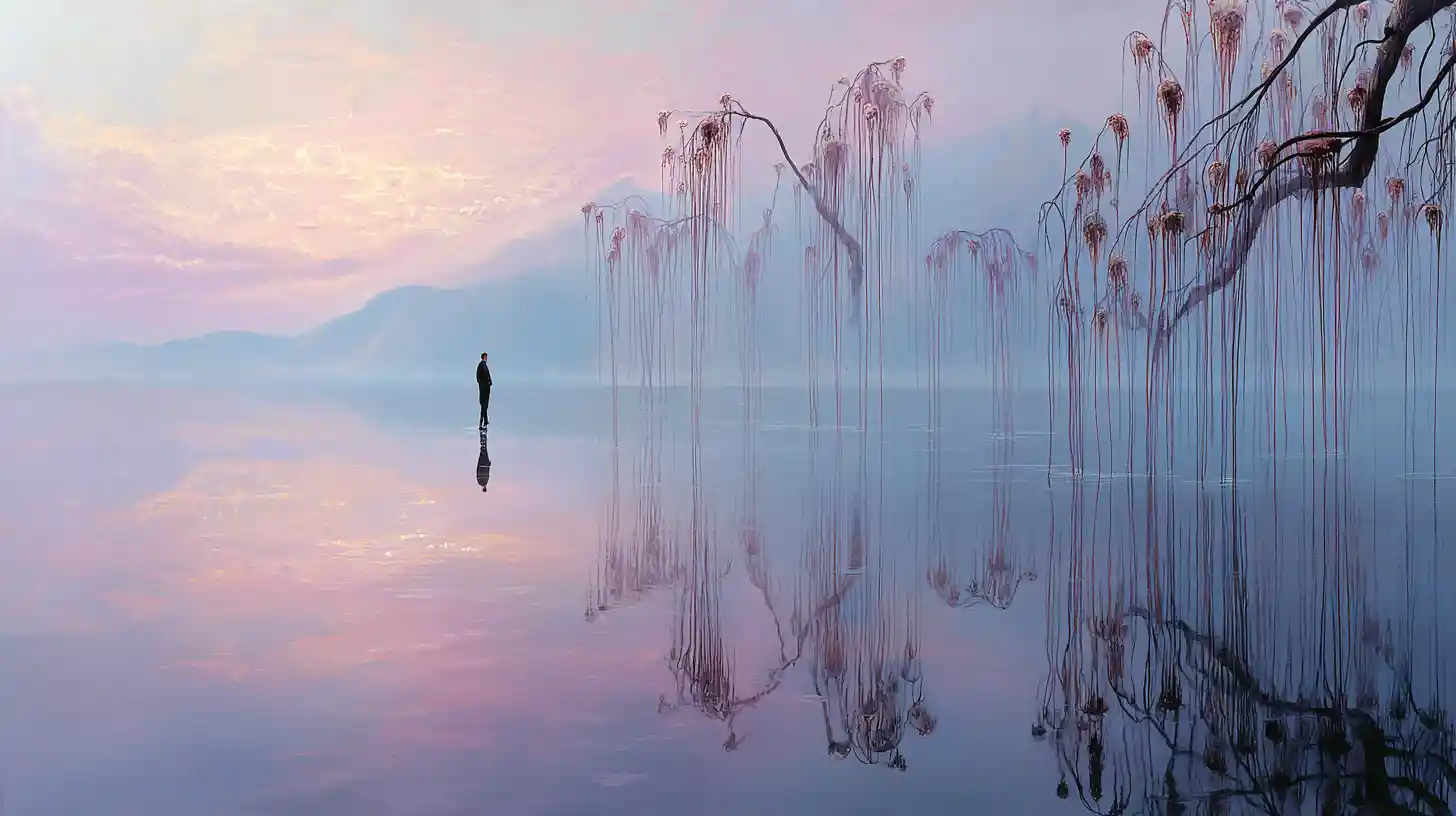 Contemplative figure by a surreal floating canopy on a lake