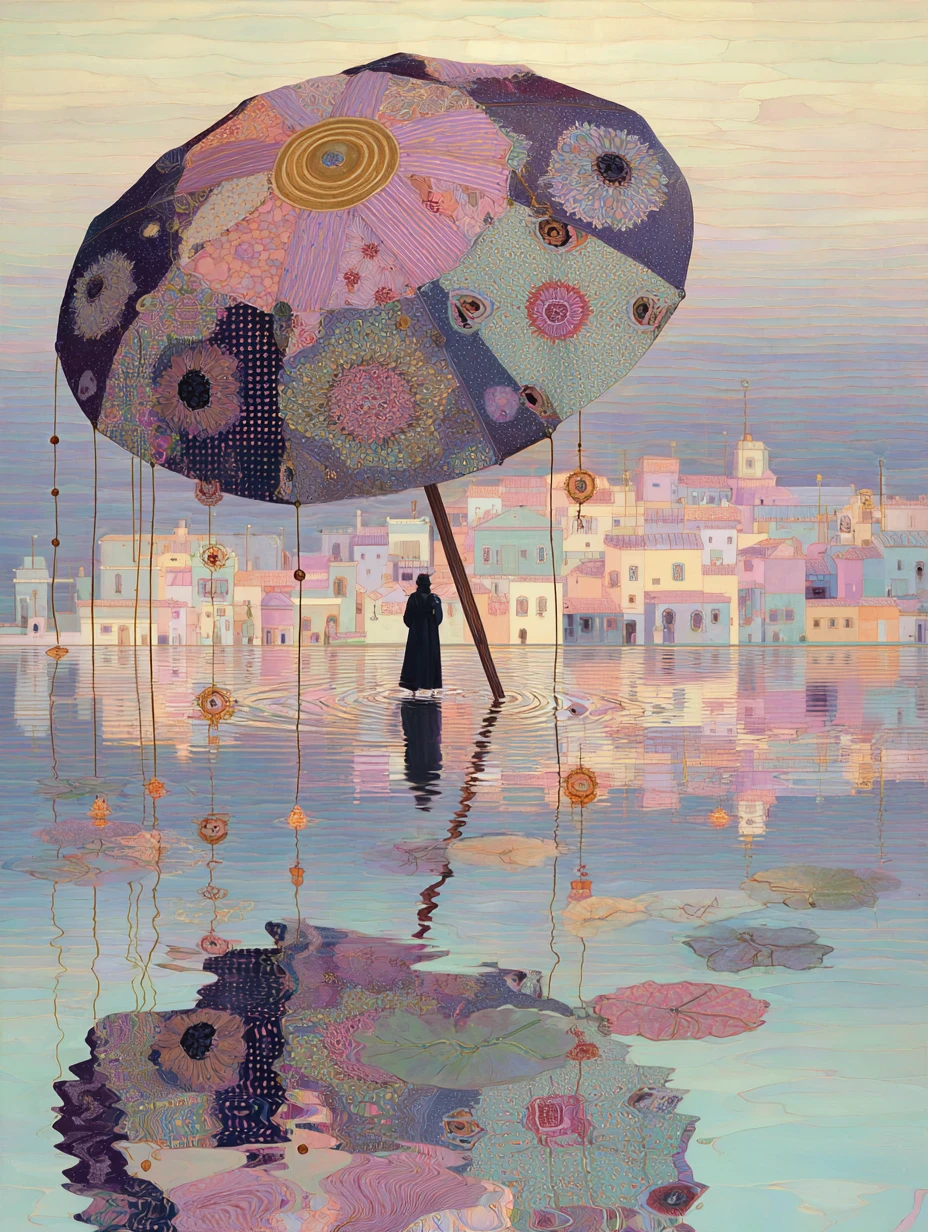 Gigante guarda-chuva de patchwork flutuando sobre água refletiva