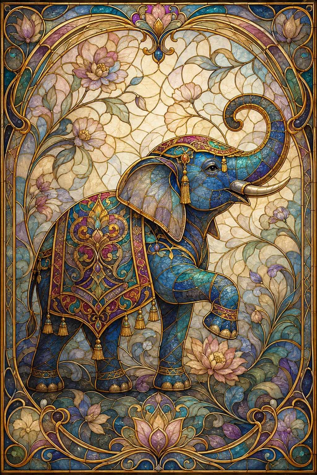 Elefante em vitral com moldura de mosaico floral ornamentado