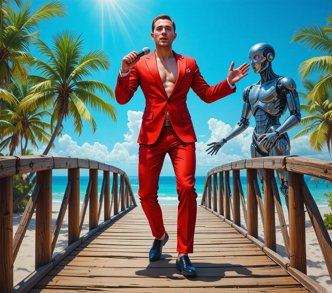 Artista carismático de terno vermelho em píer tropical ensolarado