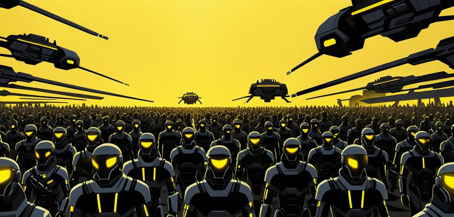 Immenso esercito sci‑fi di soldati androidi sotto un cielo giallo