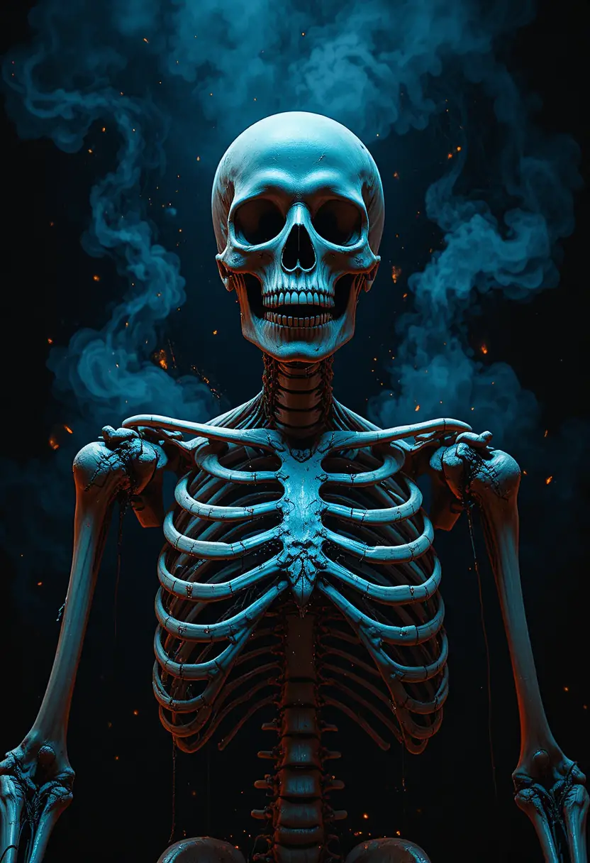 Torso di scheletro umano inquietante in drammatica illuminazione frontale