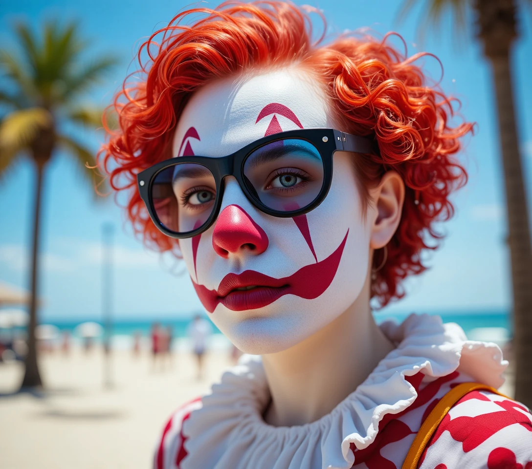 Primo piano di un clown dai capelli rossi in spiaggia