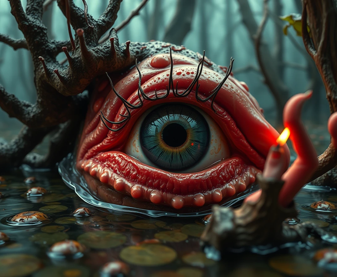 Monstro de pântano popsurrrealista em cena de terror fantasia cômica