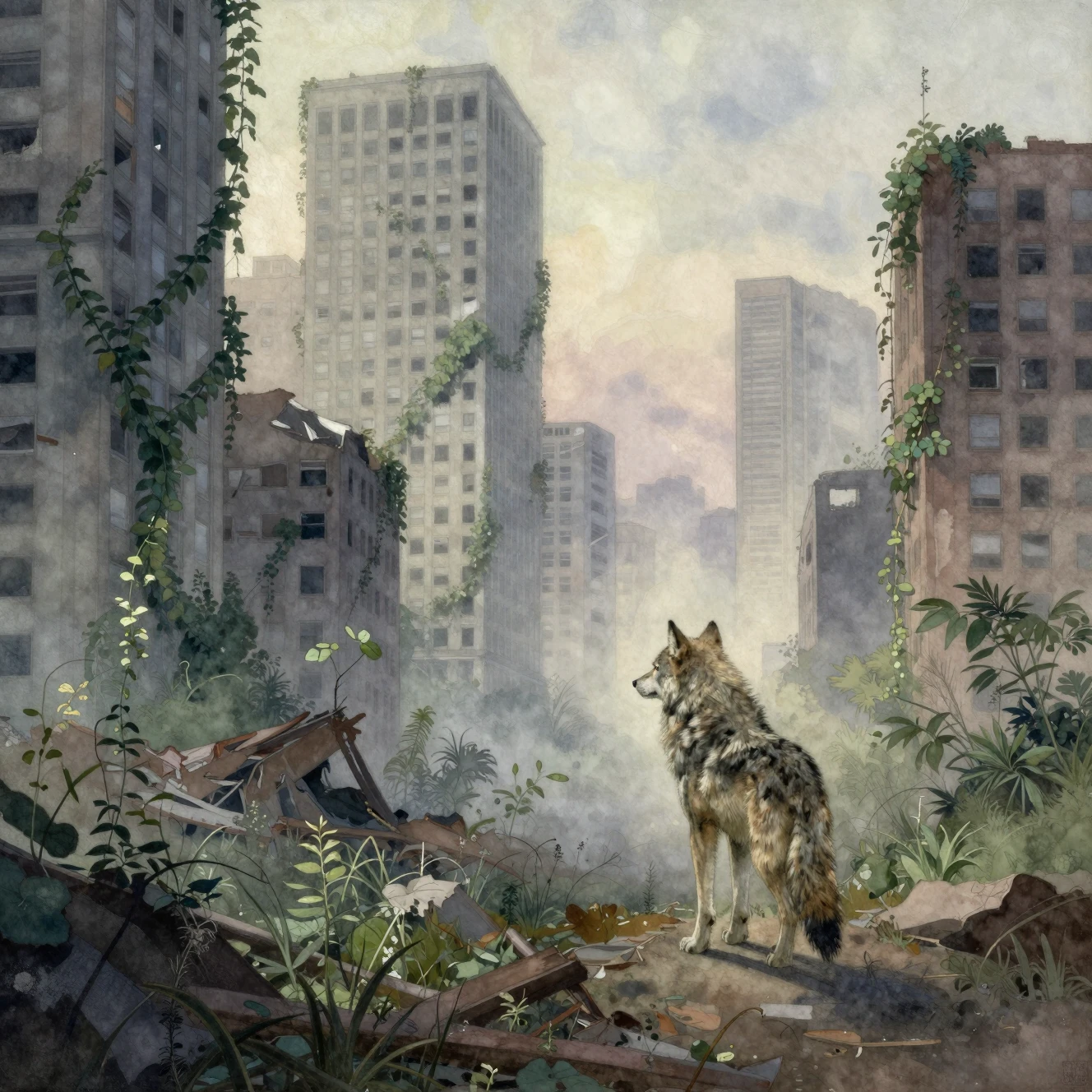 Lobo solitário em cidade em ruínas tomada pela vegetação em aquarela