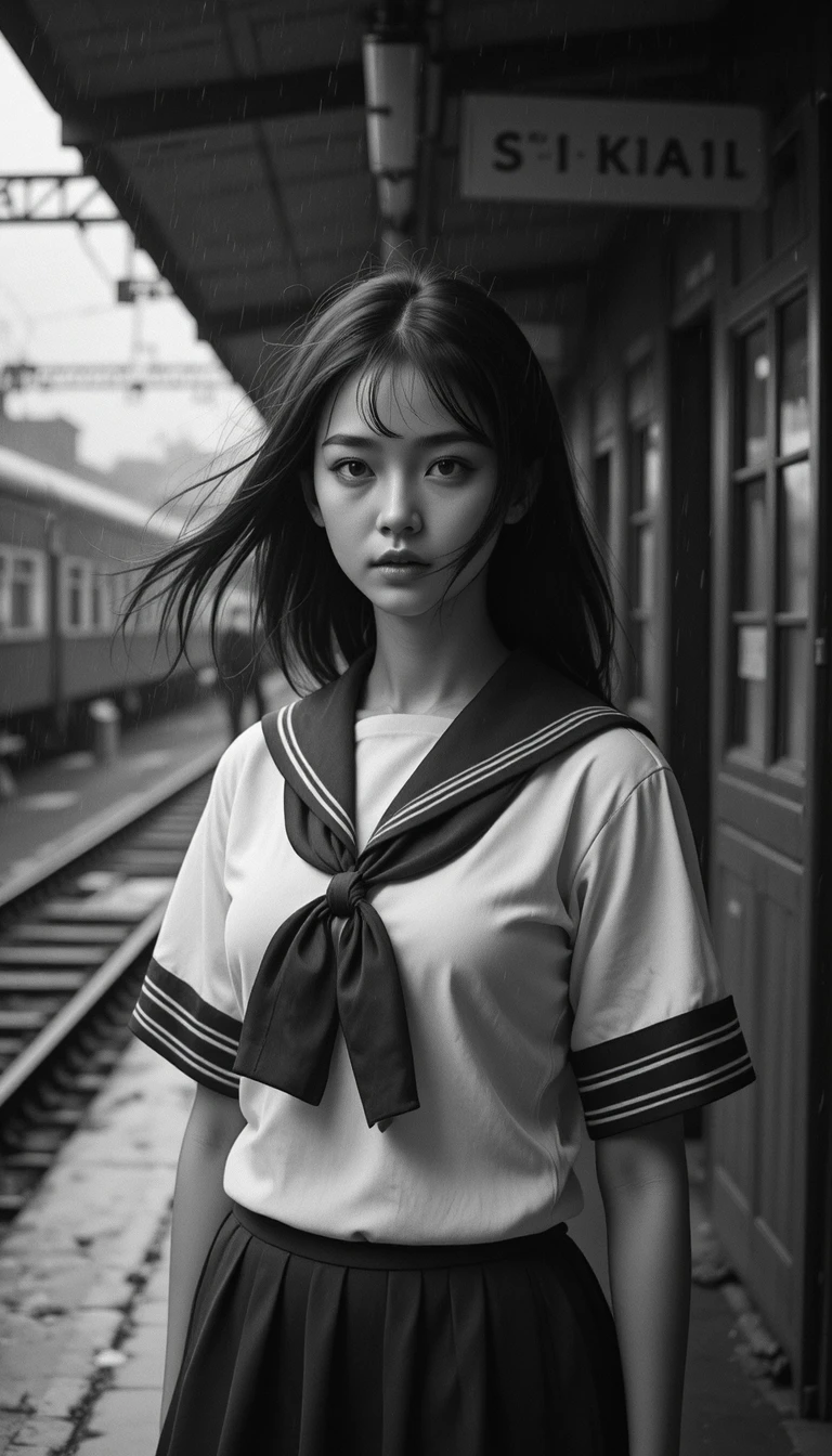 Écolière japonaise sur un quai de gare rétro sous la pluie