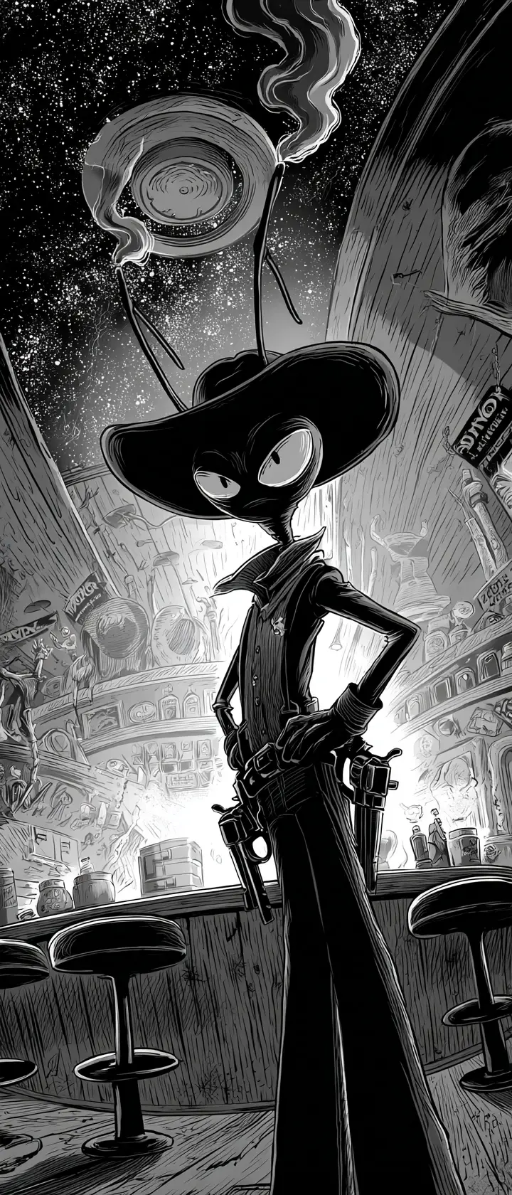 Alien cowboy sheriff in a floating space saloon scene
