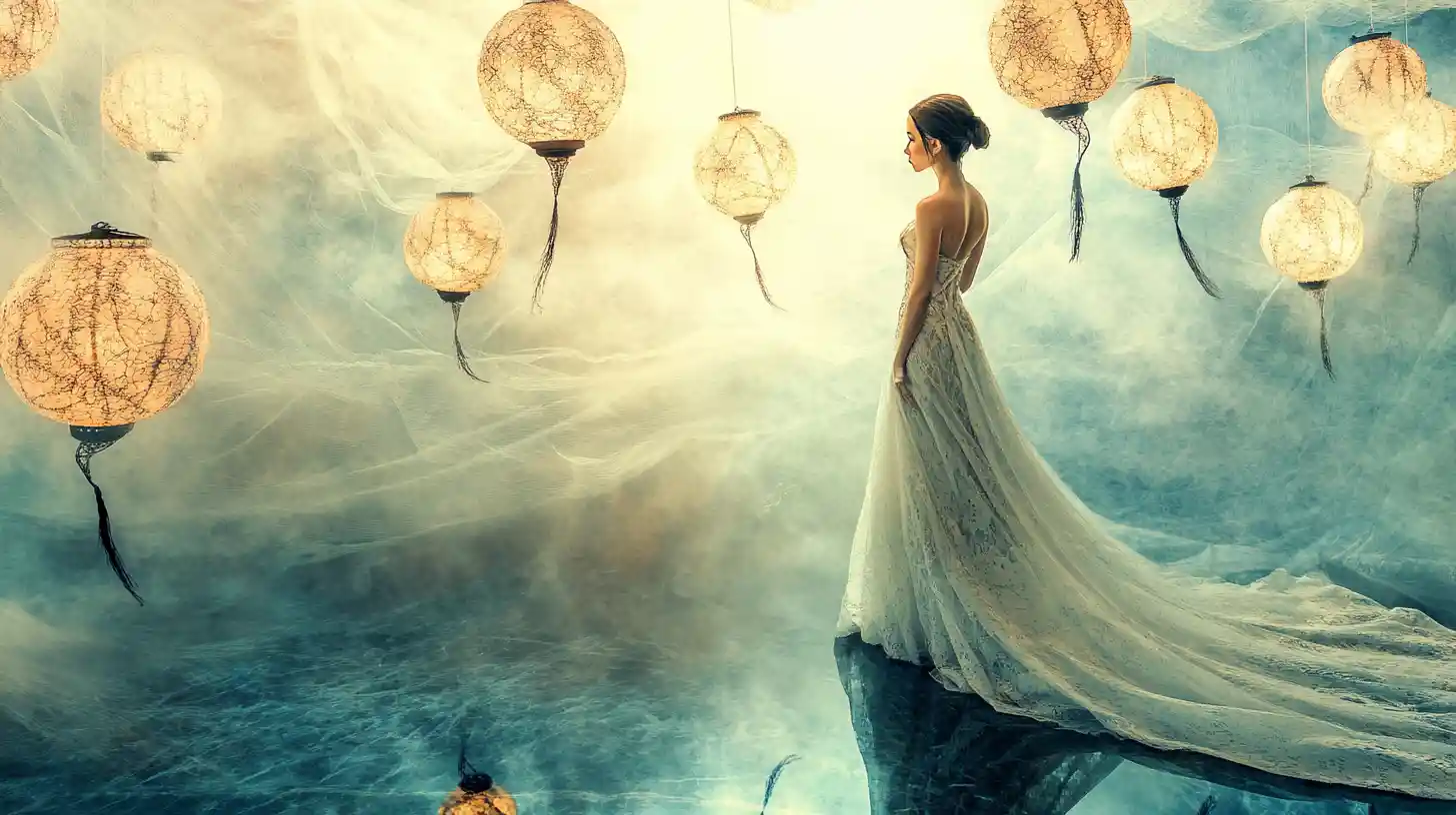 Solitary muse with floating tapestry and soft lantern light