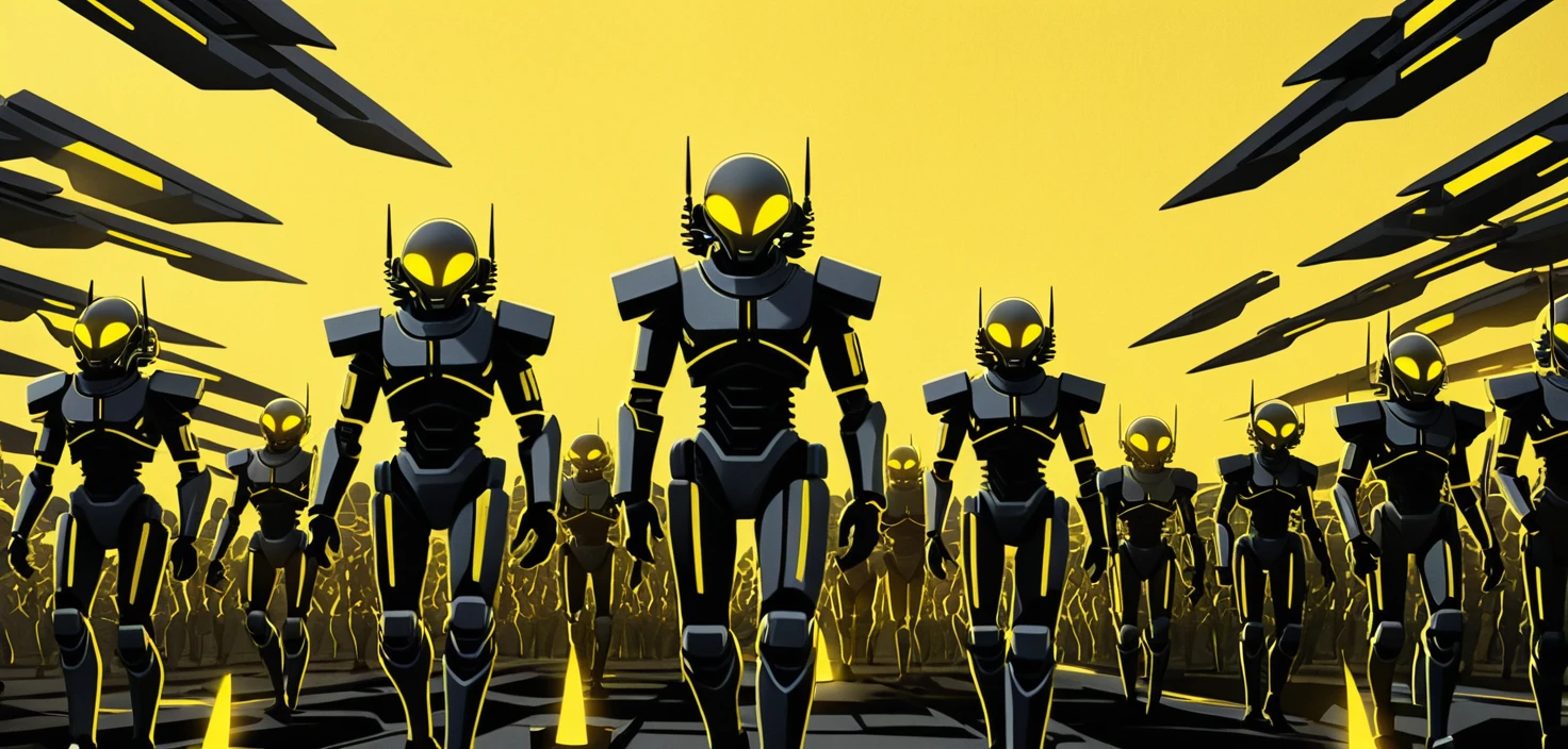 Vasta armata sci-fi di soldati androidi sotto un cielo giallo