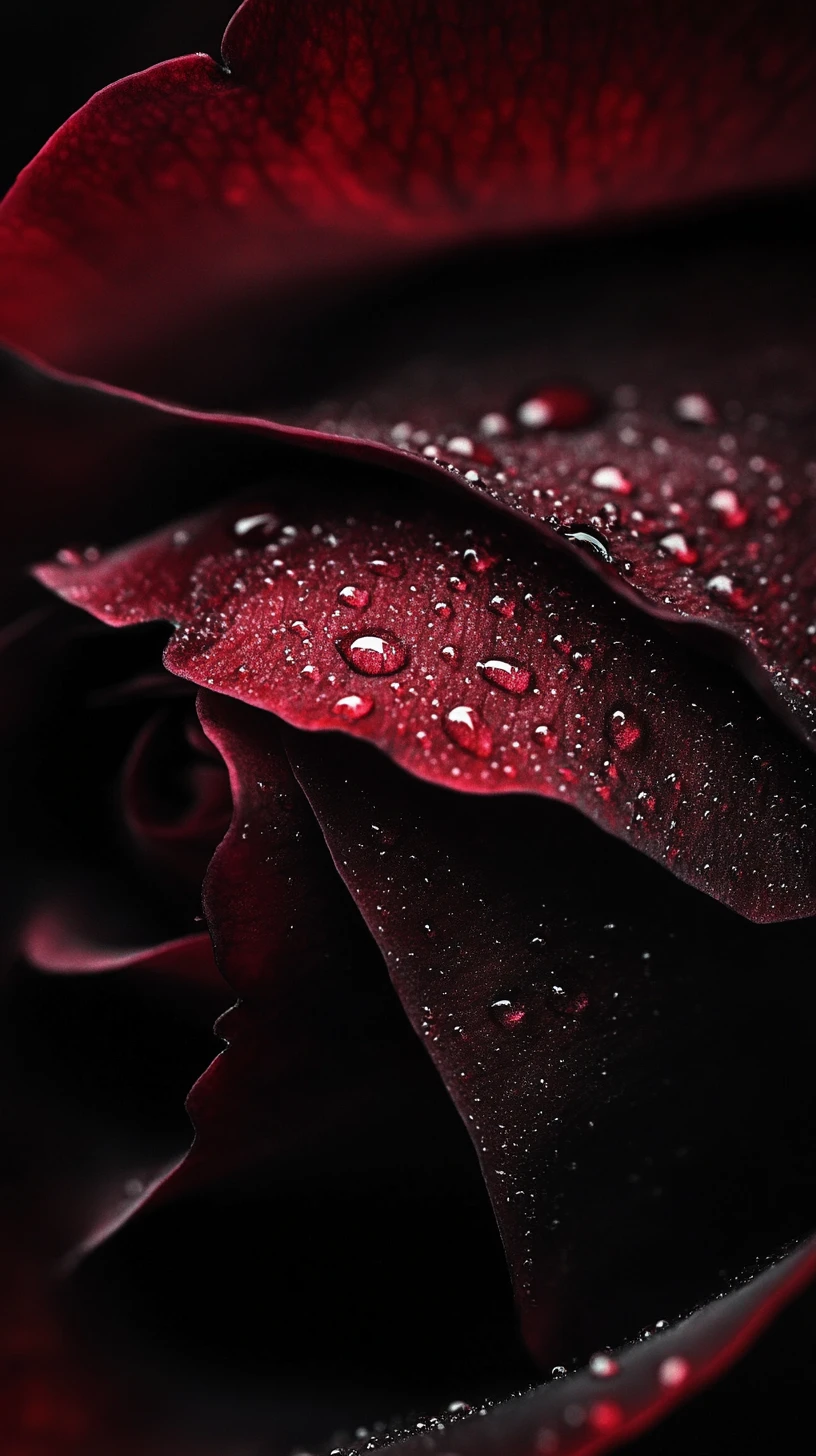 Primissimo piano estremo di petalo di rosa scura in ombra profonda