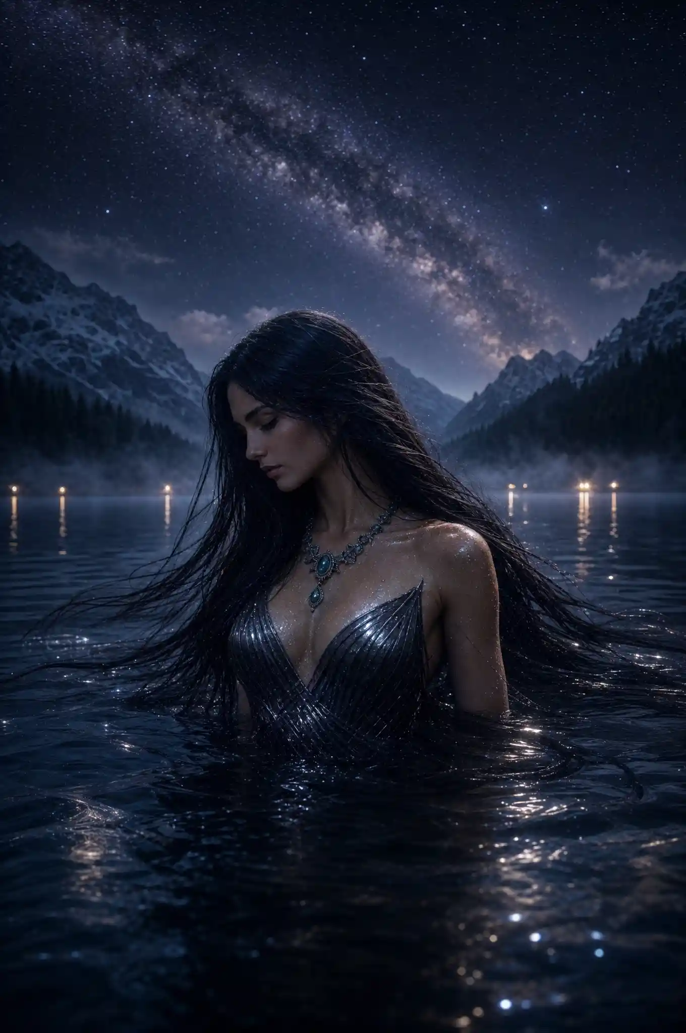 Femme debout dans un lac alpin au clair de lune la nuit