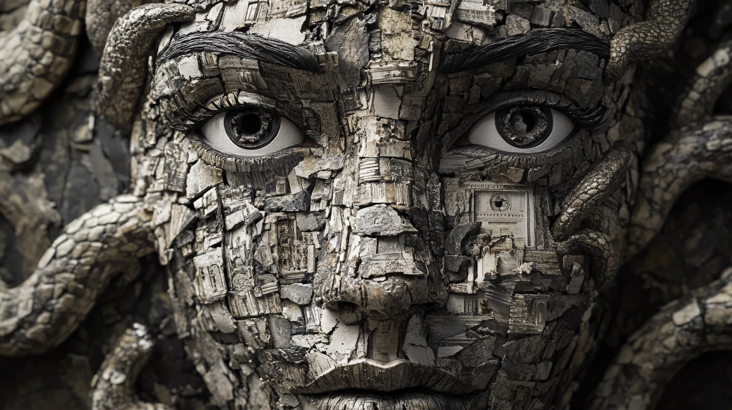 Visage surréaliste fragmenté assemblé à partir d’images symboliques
