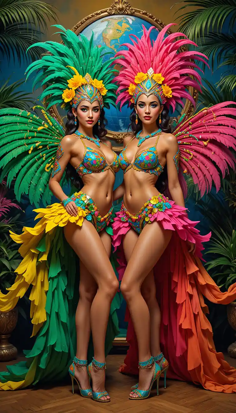 Two carnival dancers in colorful feathered costumes on stage