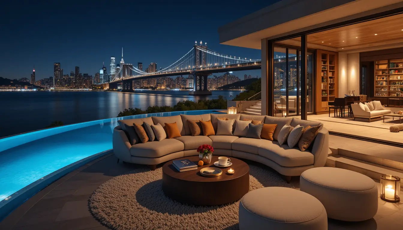 Lussuosa terrazza panoramica con piscina a sfioro e skyline della città