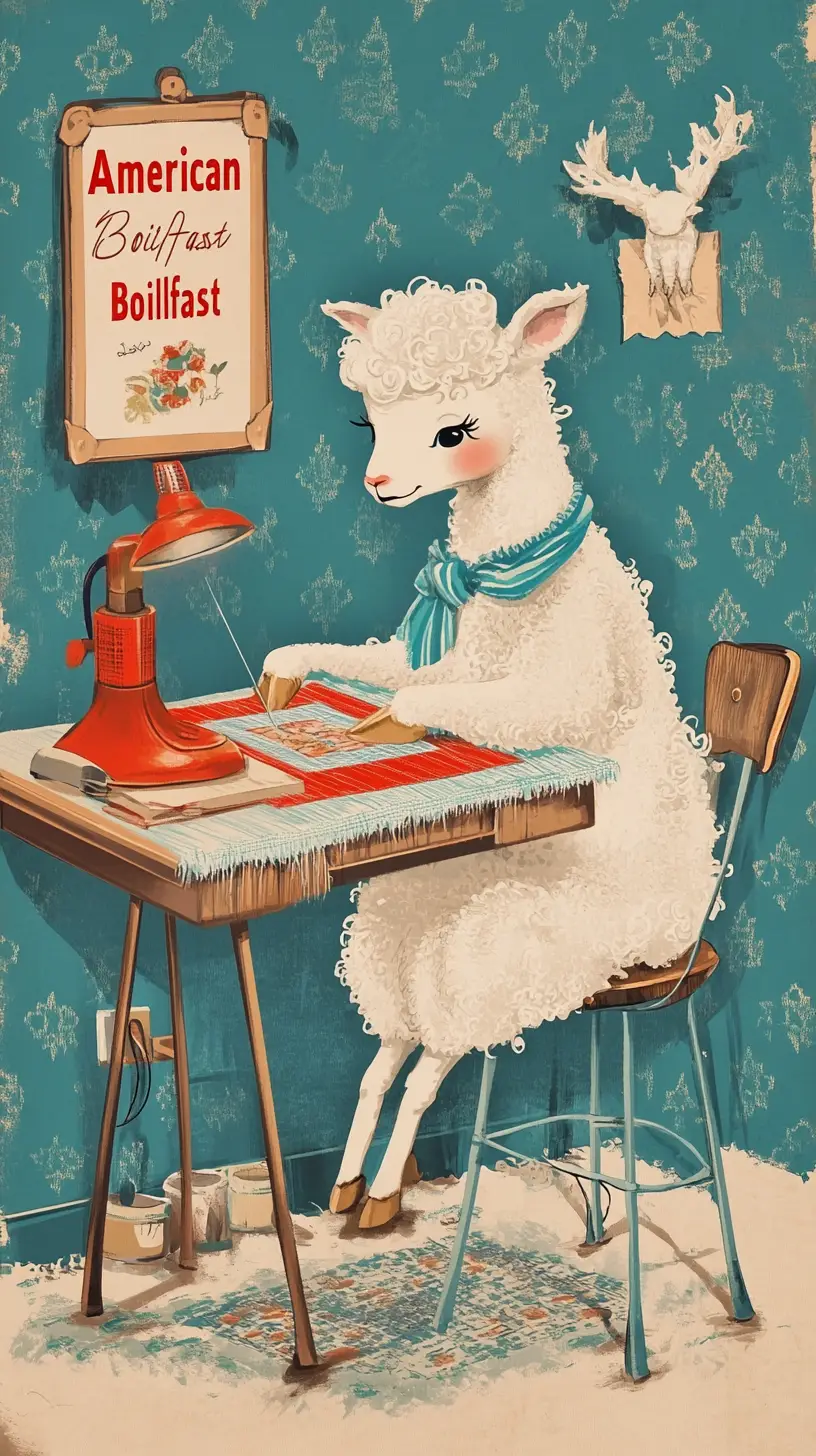 Vintage cartoon lamb sewing a colorful patchwork quilt