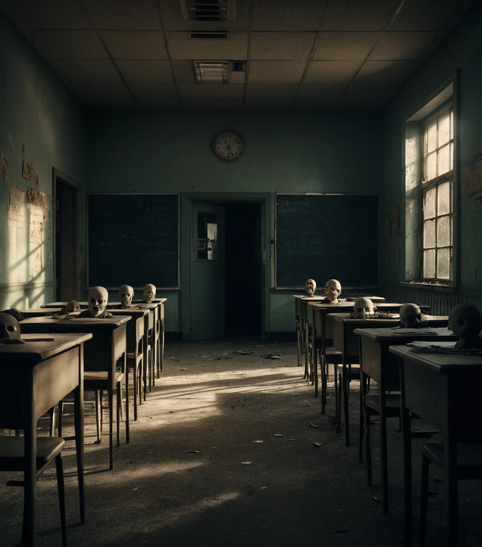 Abandoned classroom of mannequin heads staring toward the doorway