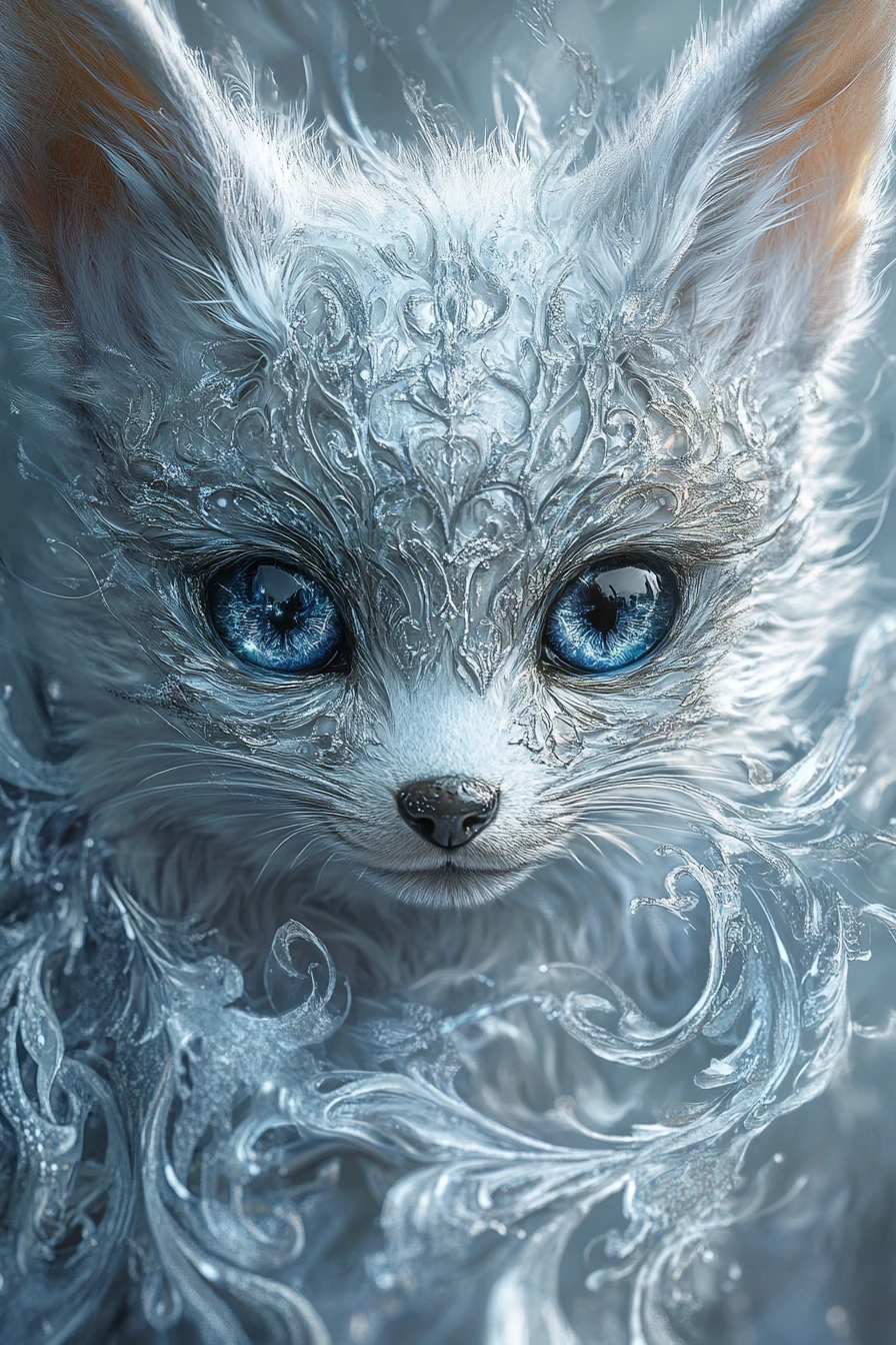 Portrait de Bébé Renard Enchanté au Pelage Irisé et Réfléchissant