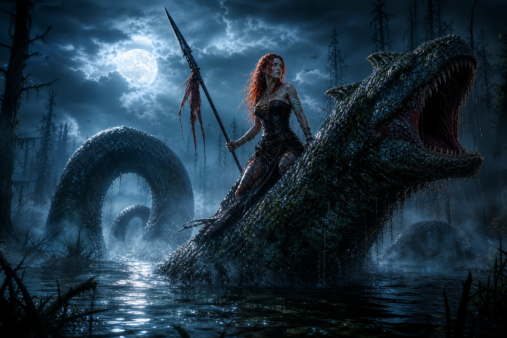 Guerrière rousse chevauchant un serpent de mer dans un marais