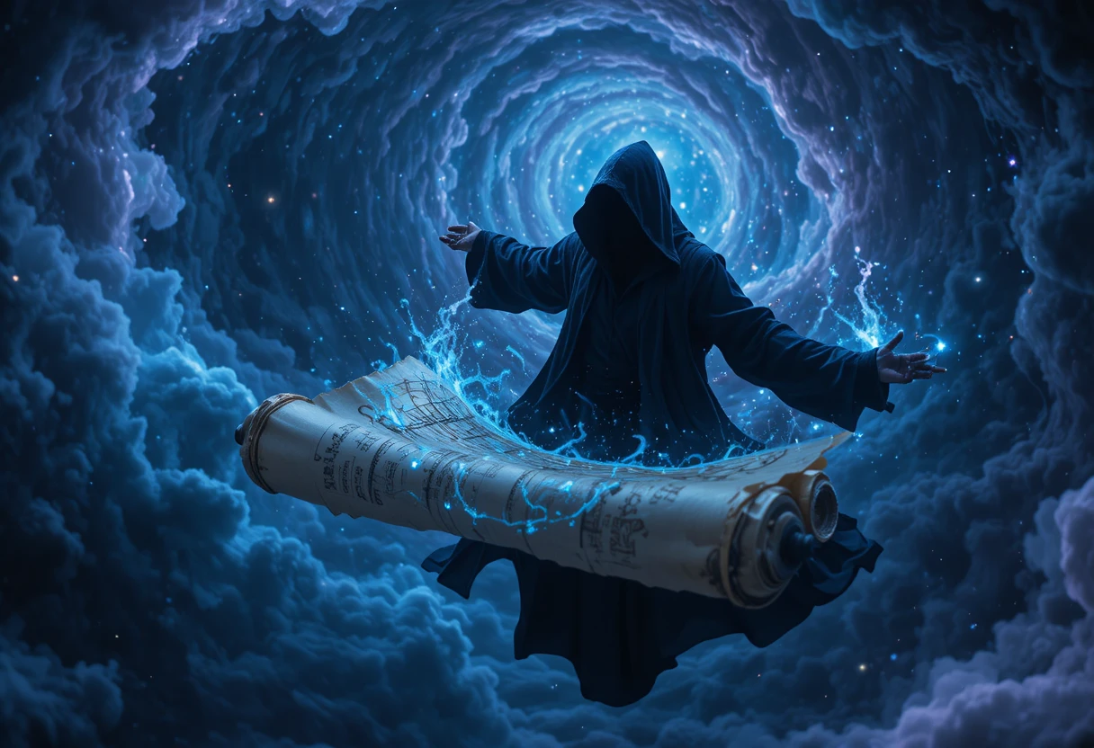 在發光宇宙虛空中漂浮的黑袍僧侶