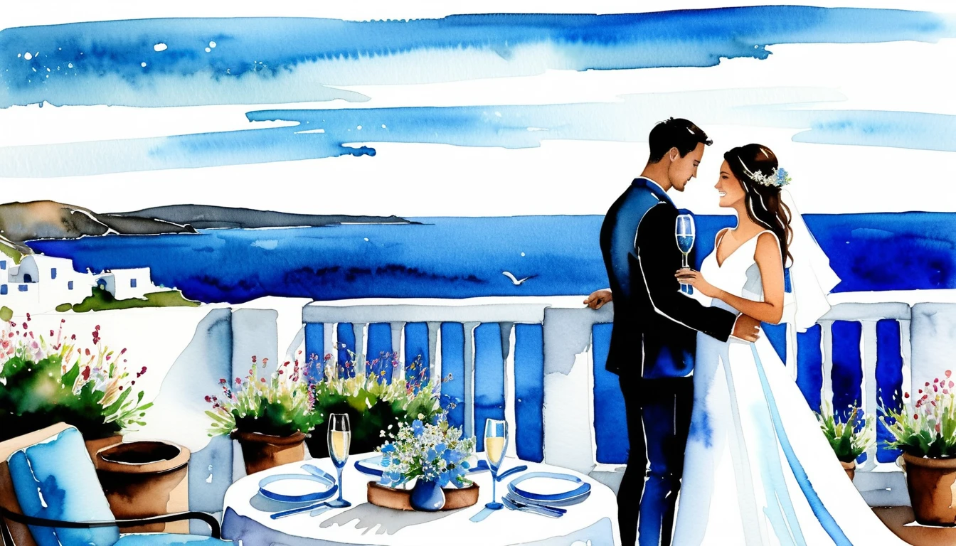 Casal Romântico Brindando em Terraço de Casamento à Beira-Mar