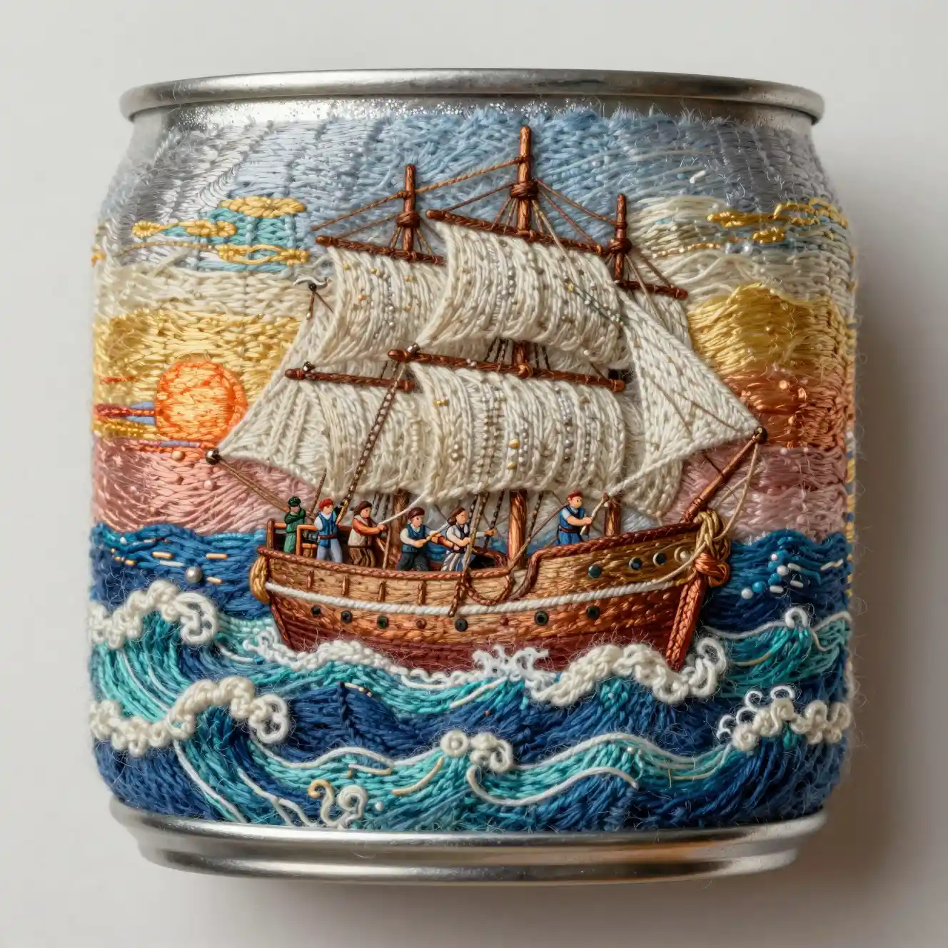 Woolen sailing ship in a vintage soda can seascape