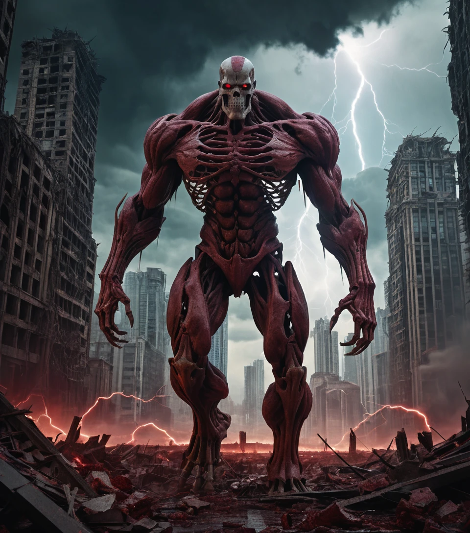 Gigantischer skelettierter Titan, der durch eine einstürzende Stadt streift