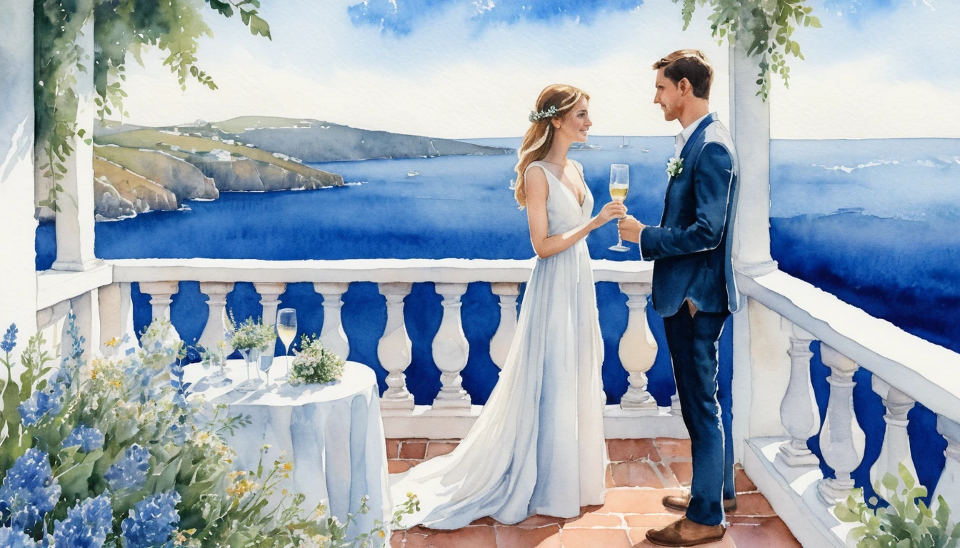 Cena de casamento em aquarela com casal brindando em terraço à beira-mar