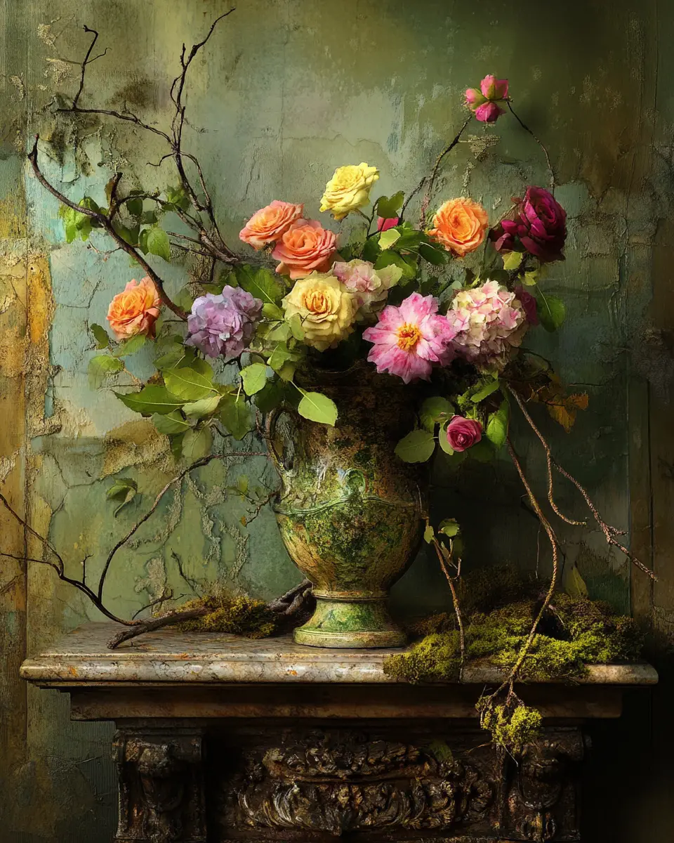 Barockes Blumenstillleben mit verwitterter klassischer Vase