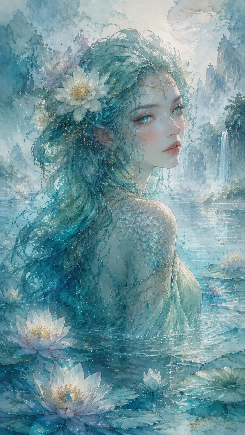 Nymphe de rivière aquarelle aux cheveux turquoise ondoyants et aux lys