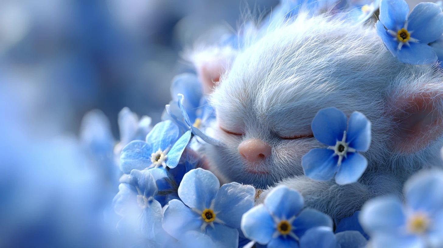 Ethereal being sleeping within a sky blue forget me not