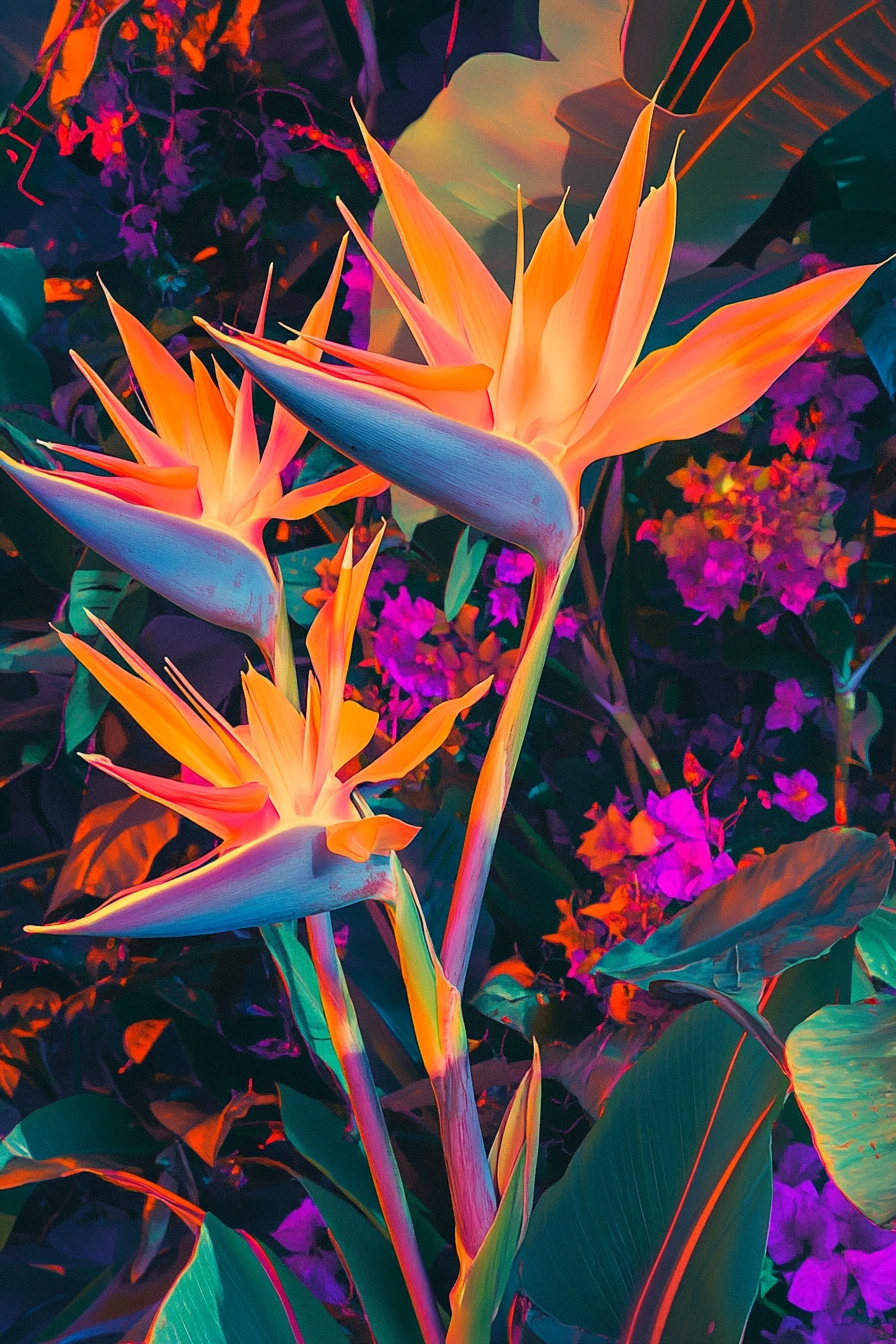 Cena romântica e pictórica com flores ave-do-paraíso