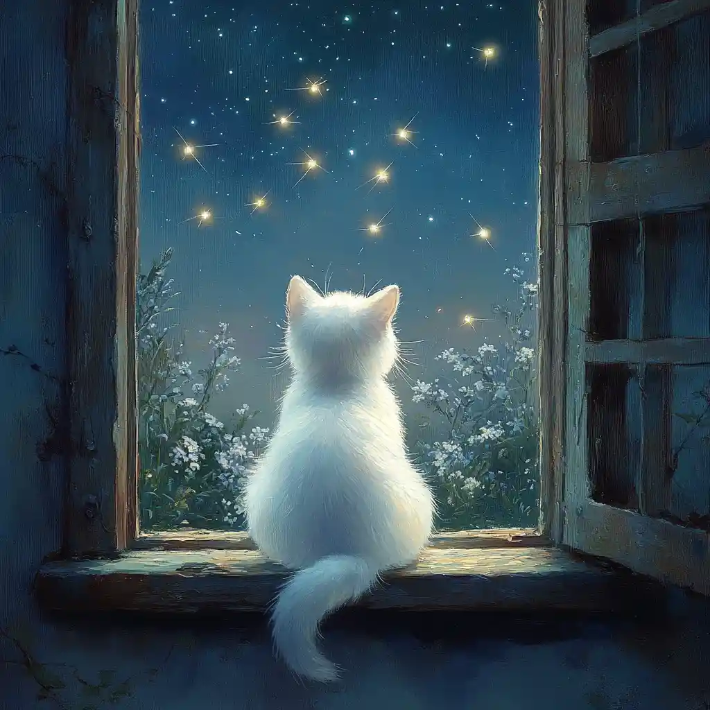 White kitten at an open window watching fireflies at night