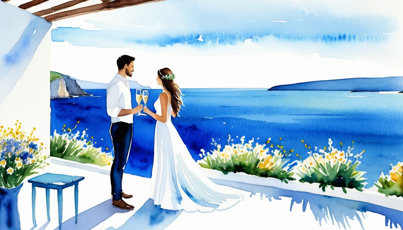 Casal em aquarela brindando em terraço de casamento à beira-mar