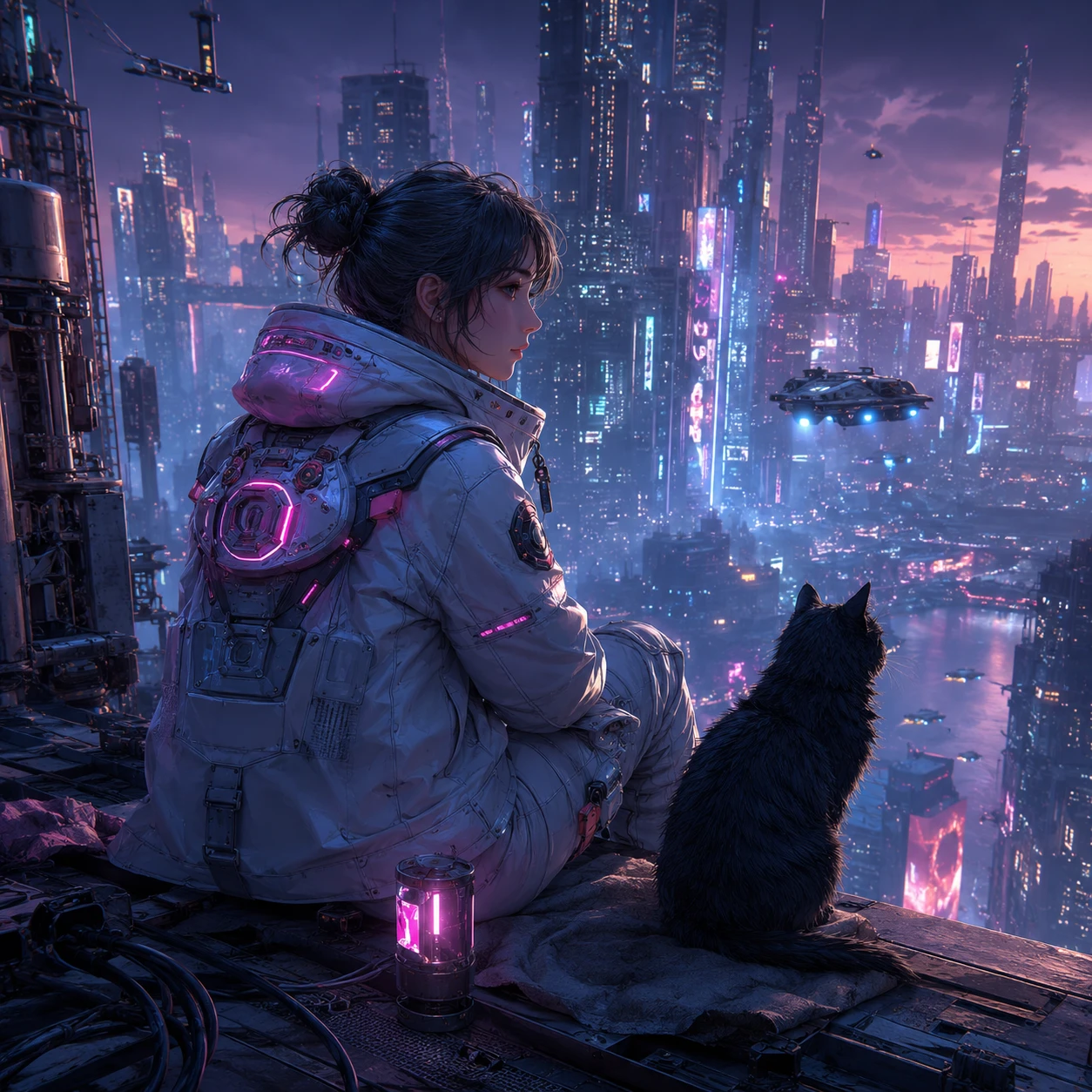 Giovane astronauta e gatto su un tetto in una città al neon