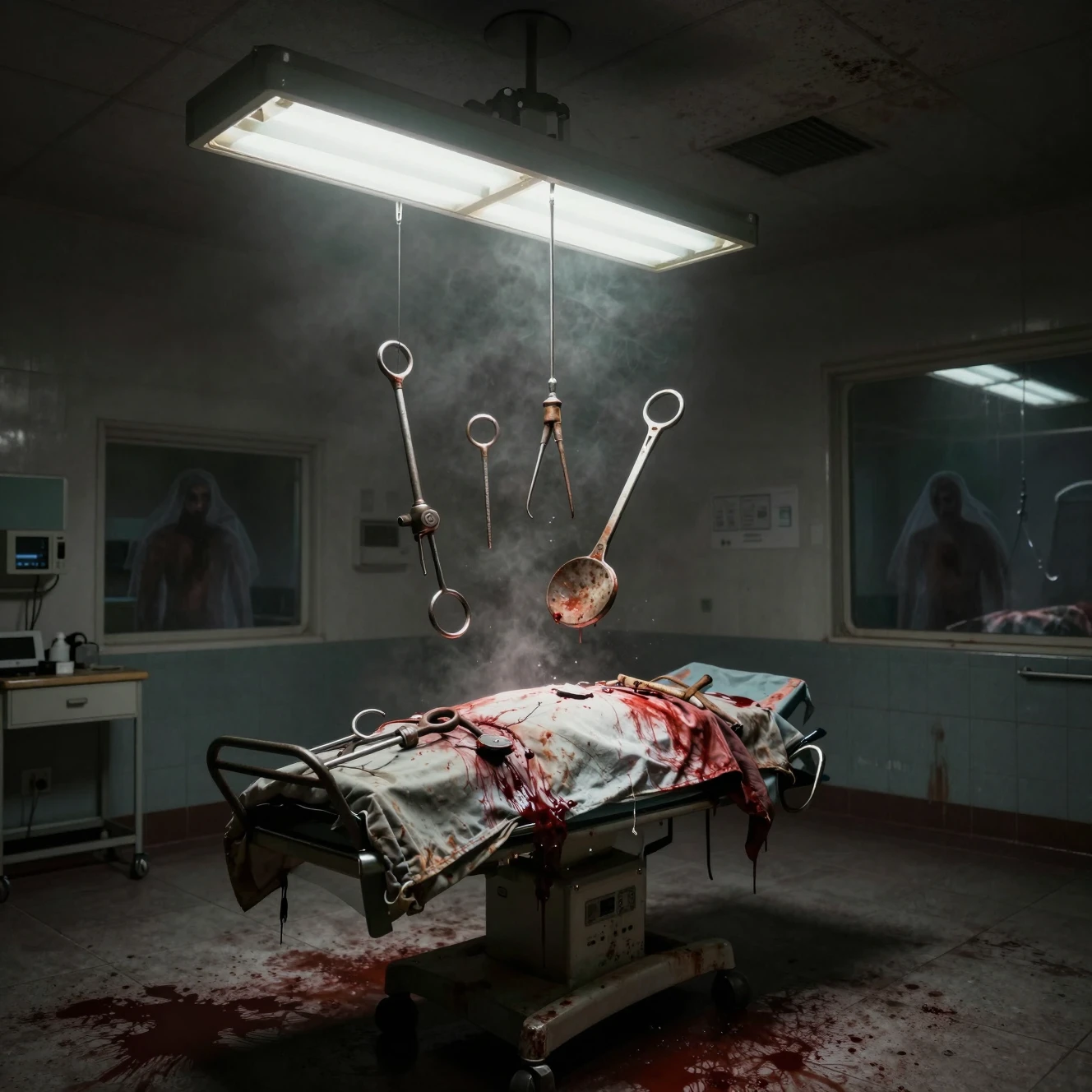 Sala de cirurgia de hospital abandonado cheia de instrumentos cirúrgicos em decomposição