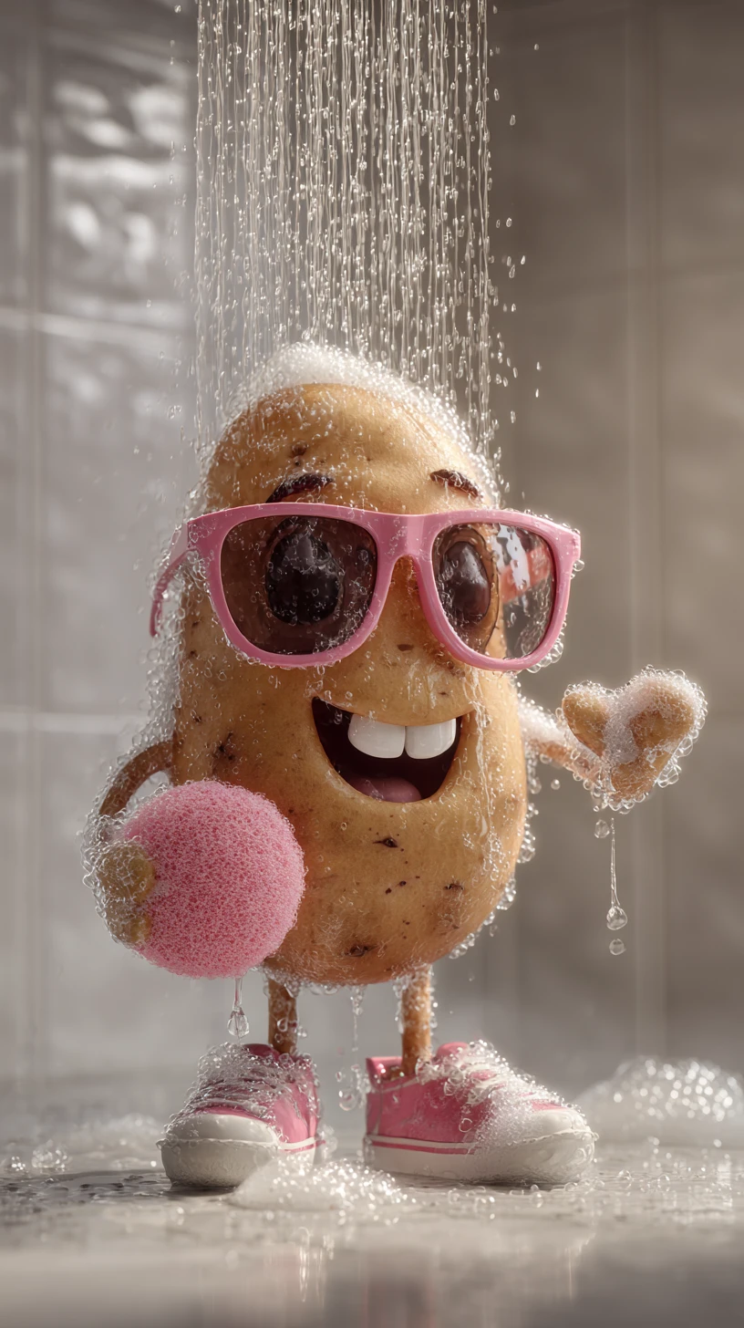 Cena de Banho Divertida com Personagem de Batata 3D e Detalhes em Rosa