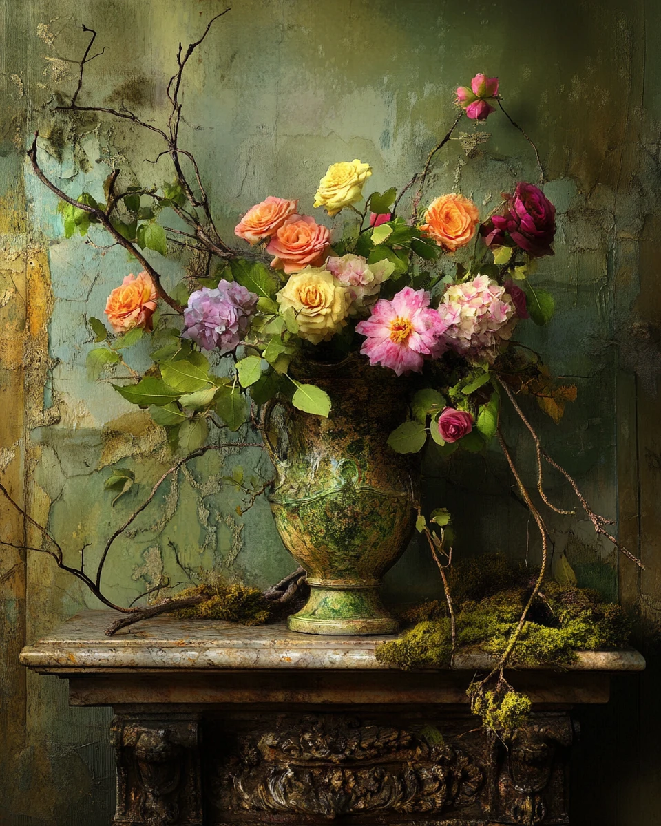 Barockes Blumenstillleben mit verwitterter klassischer Vase