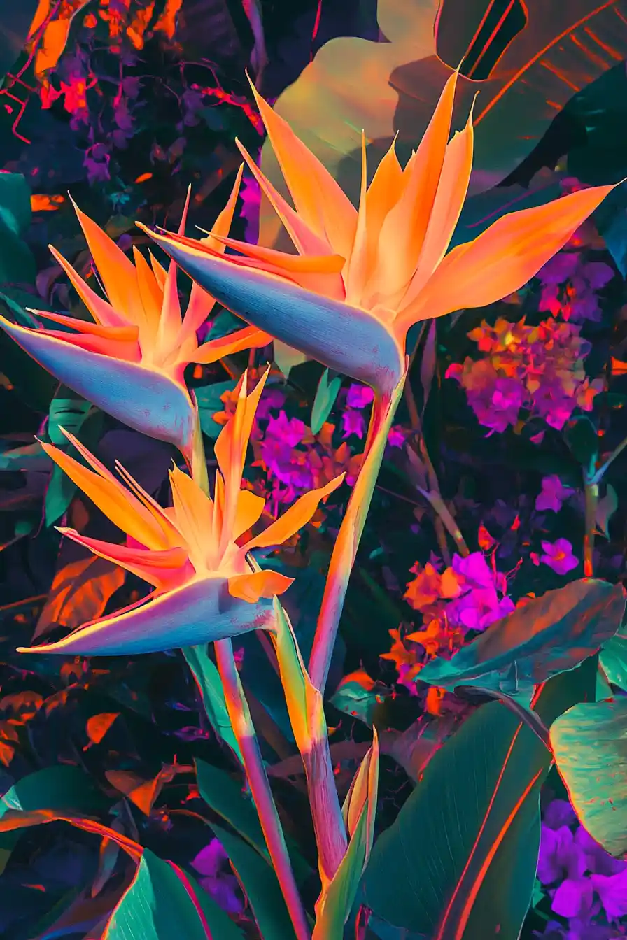 Romantic painterly scene of birds of paradise flowers