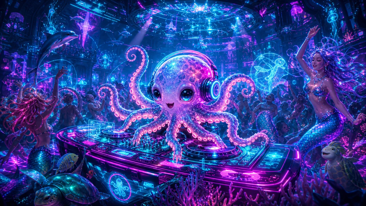 Adorable bébé poulpe DJ dans une boîte de nuit sous-marine néon