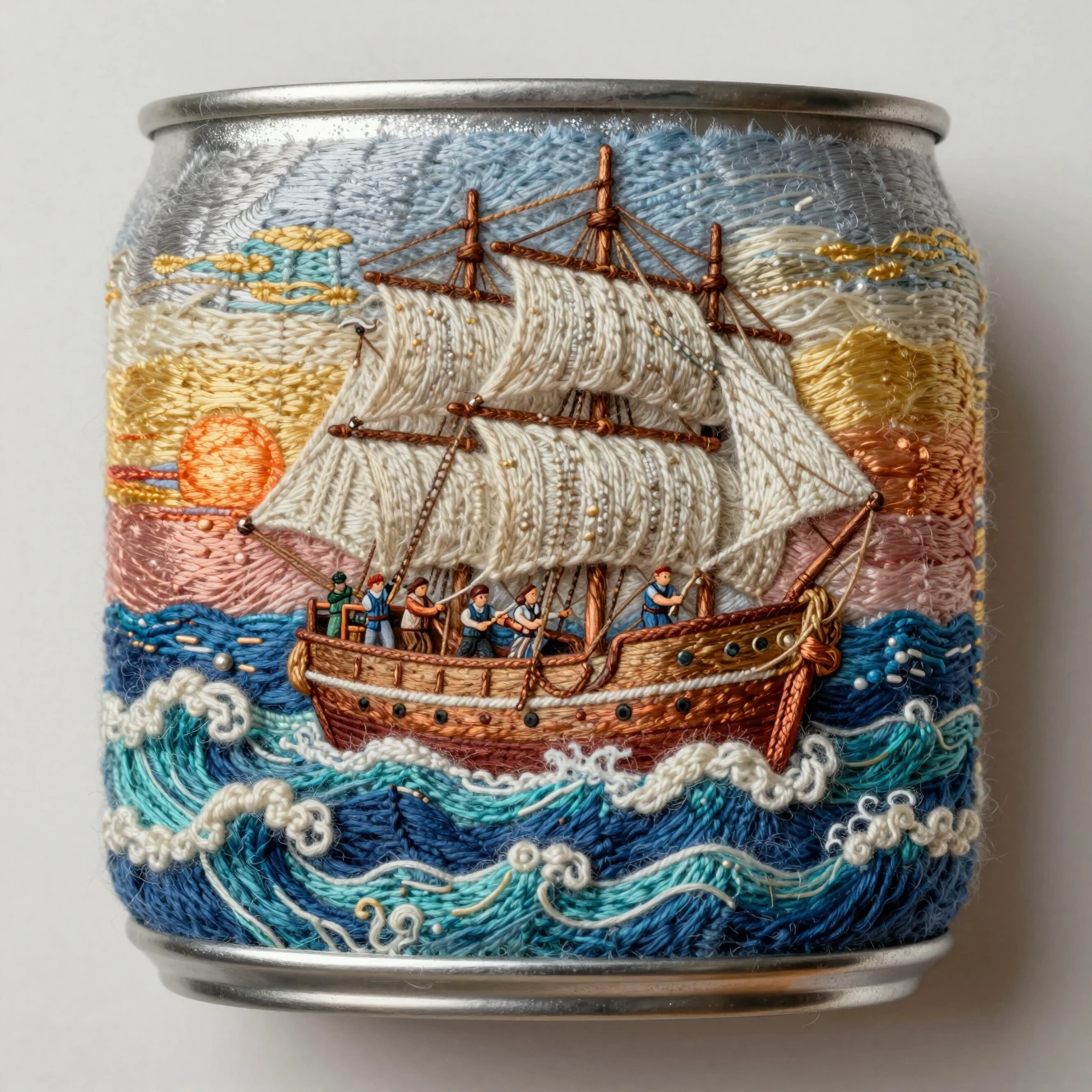 Navio à vela de lã em um mar de latas de refrigerante vintage