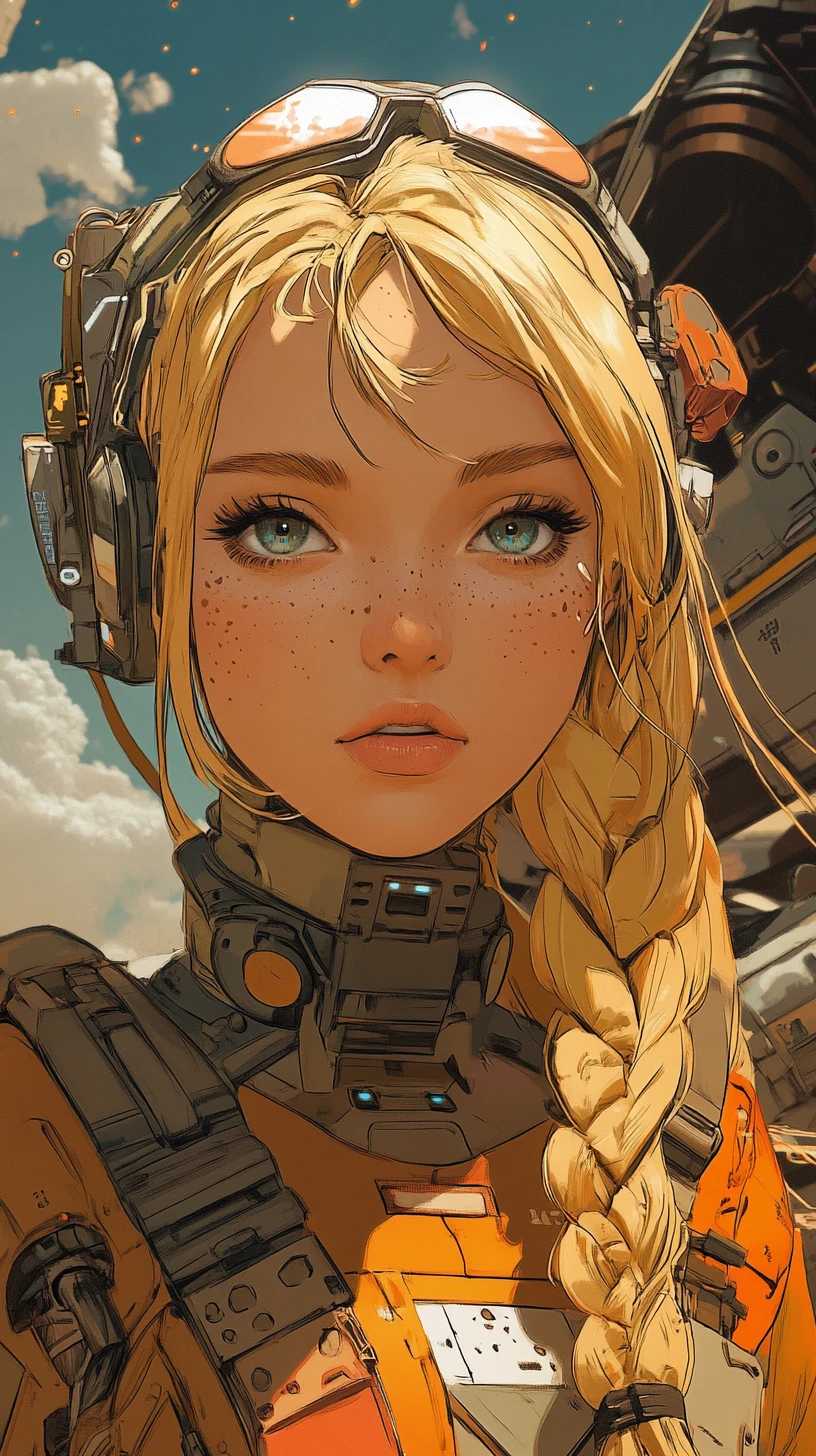 Anime desert scout woman at a futuristic airfield