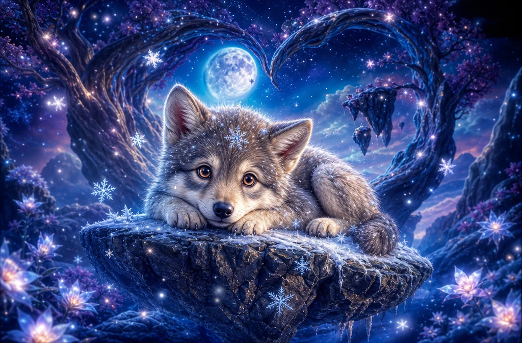 Filhote de lobo descansando em uma rocha flutuante ao luar