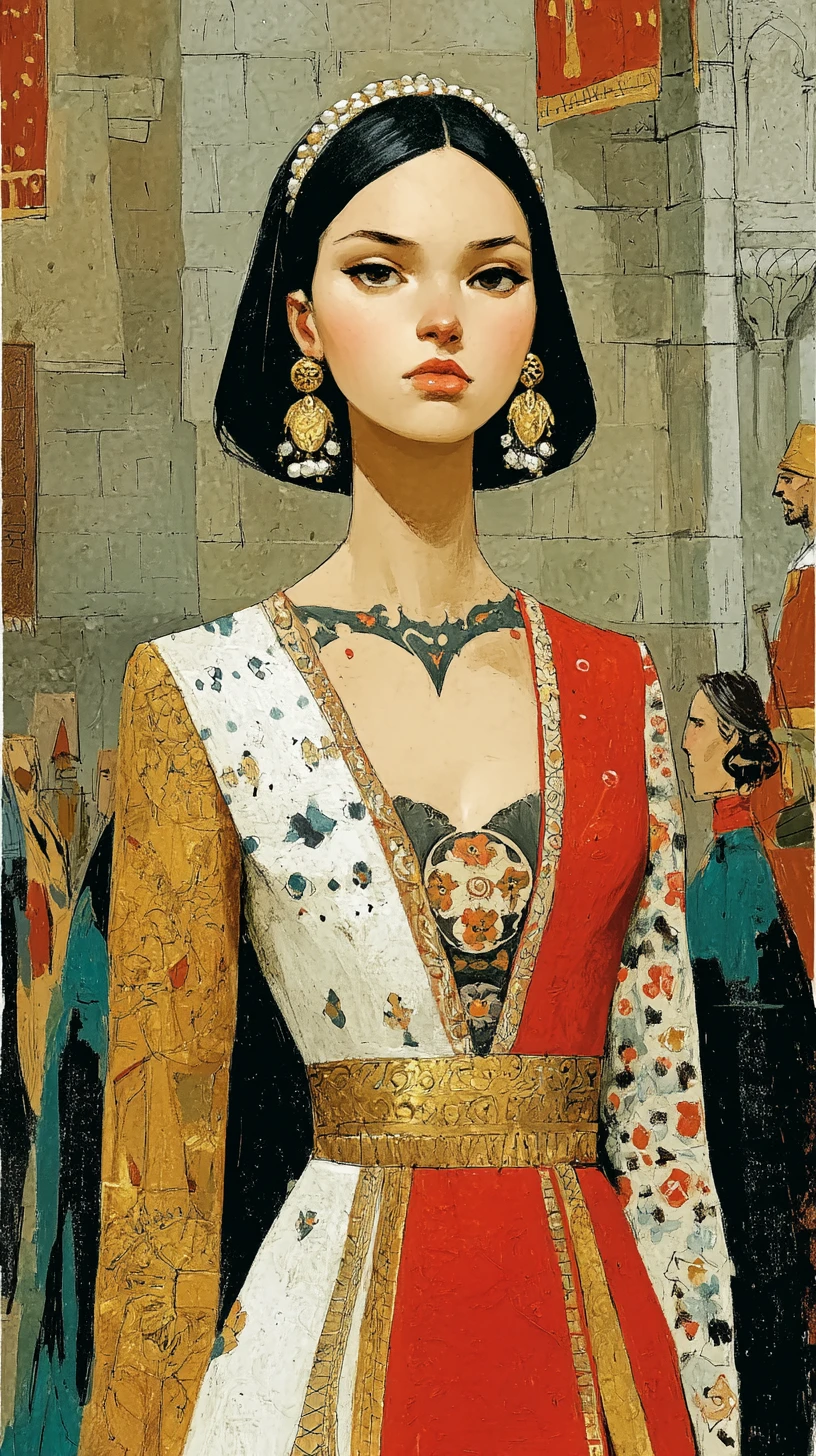 Nobre medieval com tatuagem ornamentada no peito em grande salão