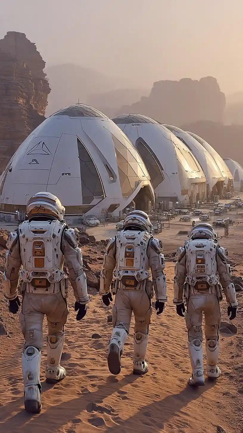 Astronauts Approach Futuristic Mars Settlement At Sunrise