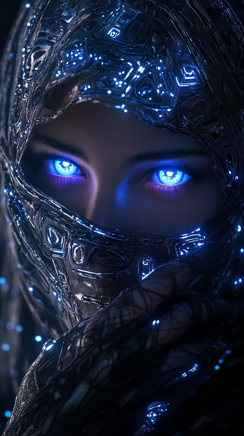 Verschleierte Cyberpunk-Frau mit leuchtend blauen kristallinen Augen