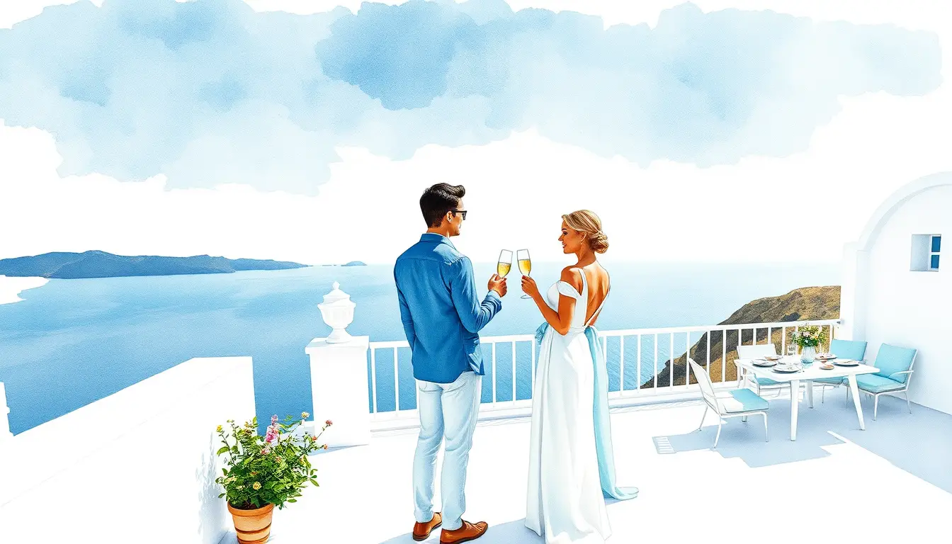 Casal de noivos brindando em terraço à beira-mar em aquarela