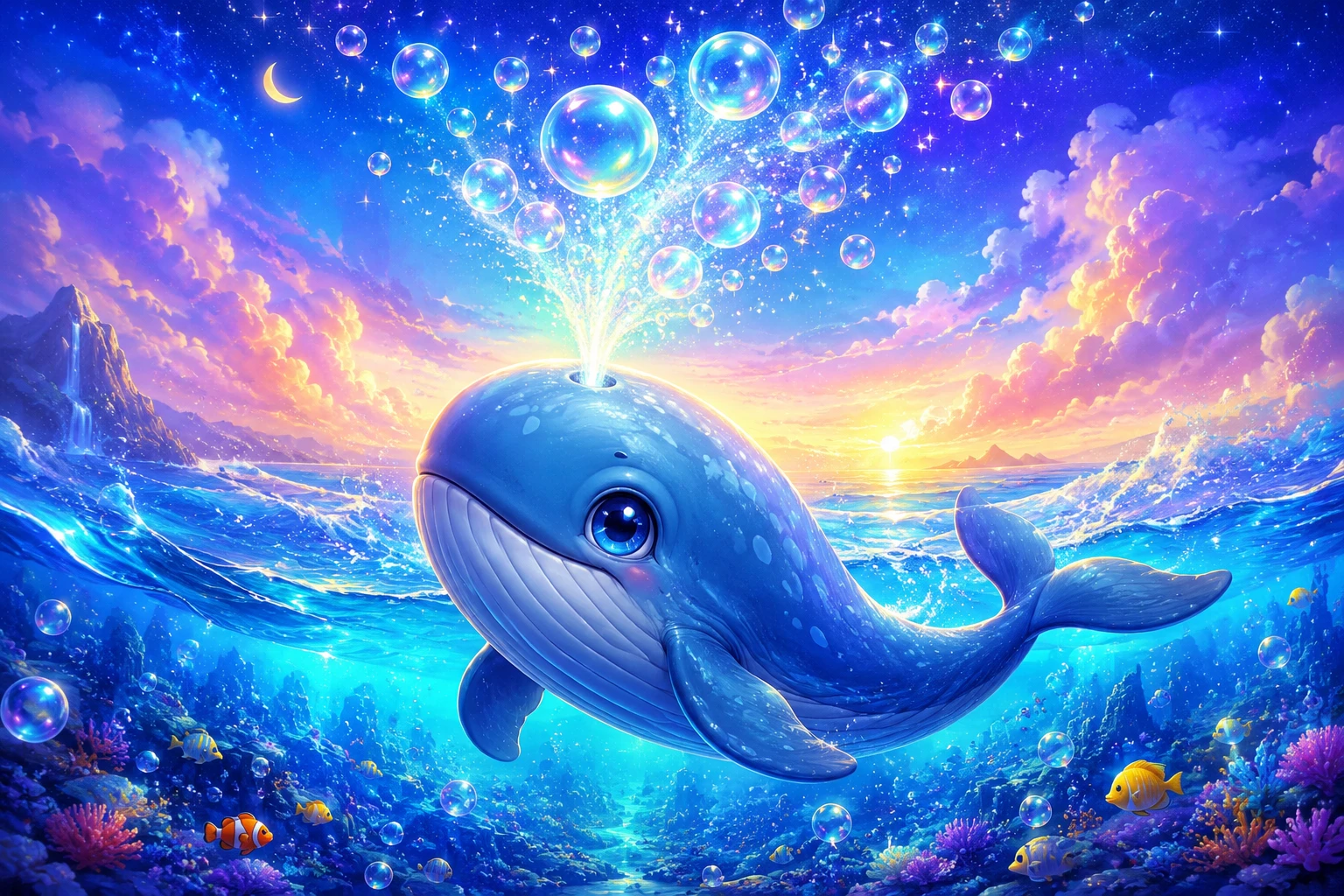 Adorável filhote de baleia-azul soprando bolhas brilhantes debaixo d’água
