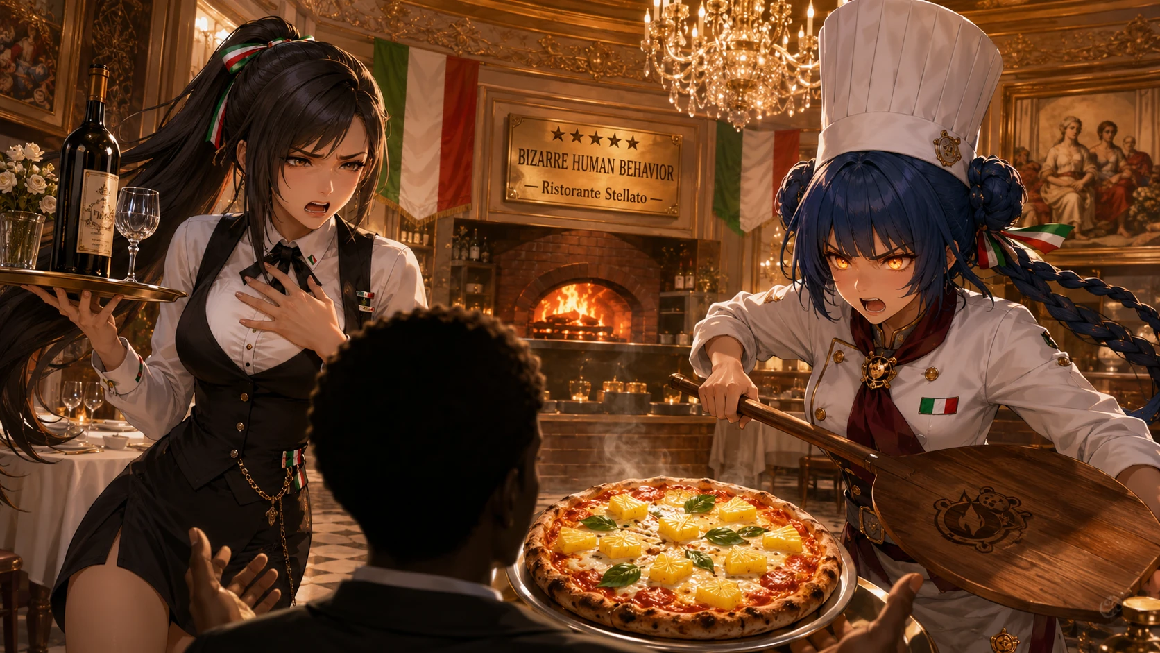 Anime-Kellnerin und -Koch streiten über eine Pizza-Bestellung mit Ananas