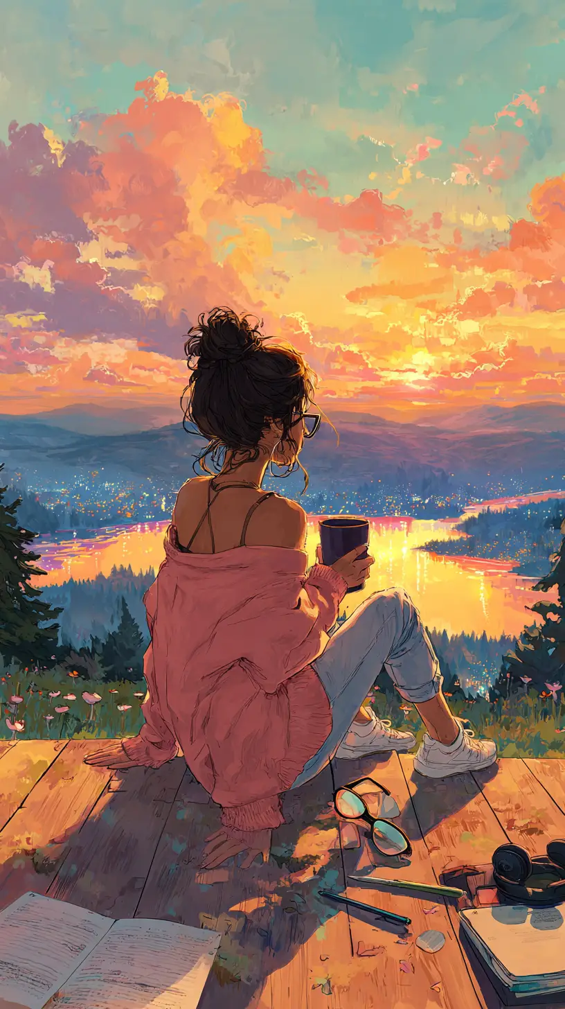 Jeune femme se relaxant sur une terrasse avec vue sur le lac au coucher du soleil