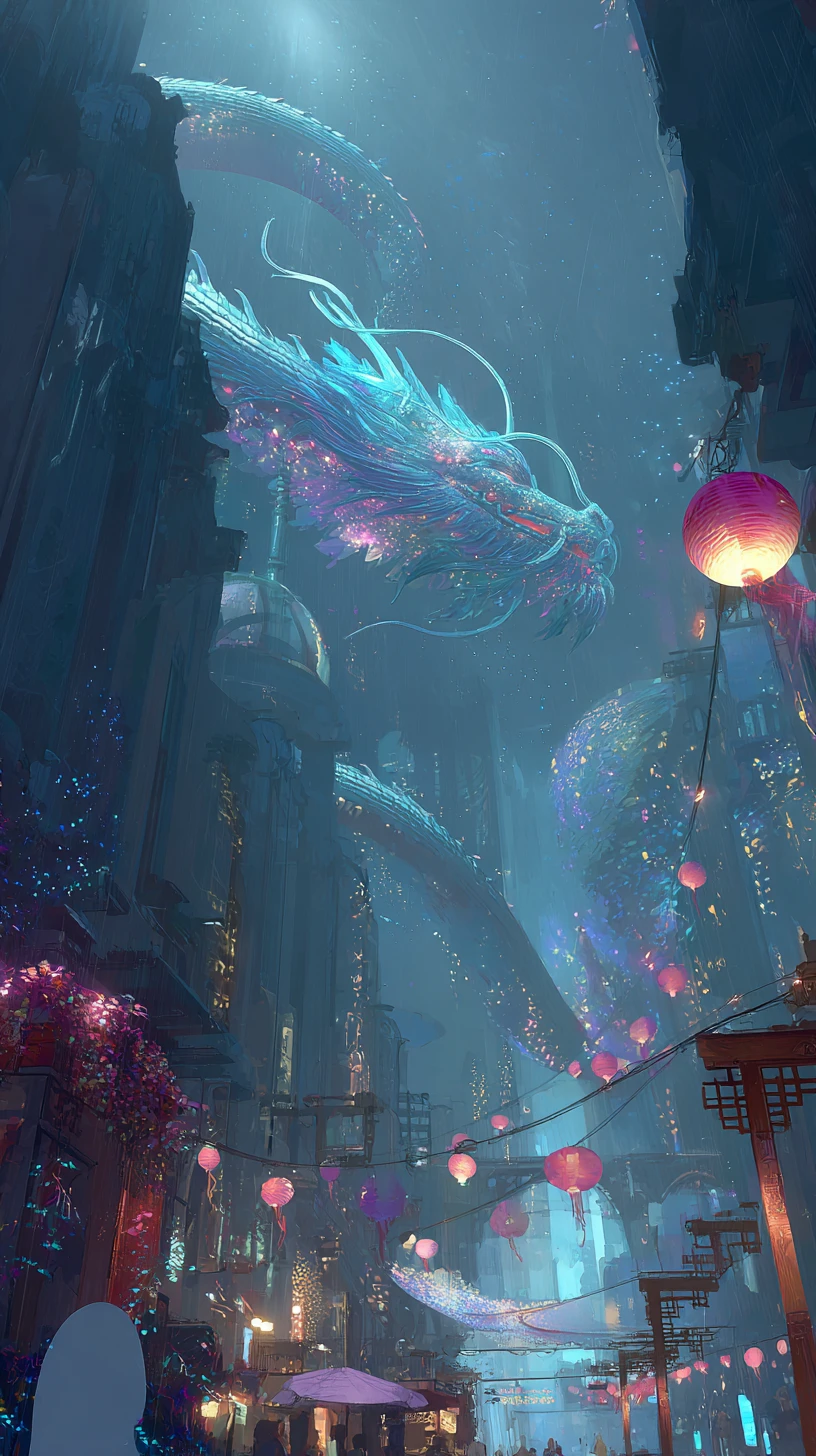Vue aérienne cinématographique d’un dragon au-dessus d’une ville cyberpunk néon